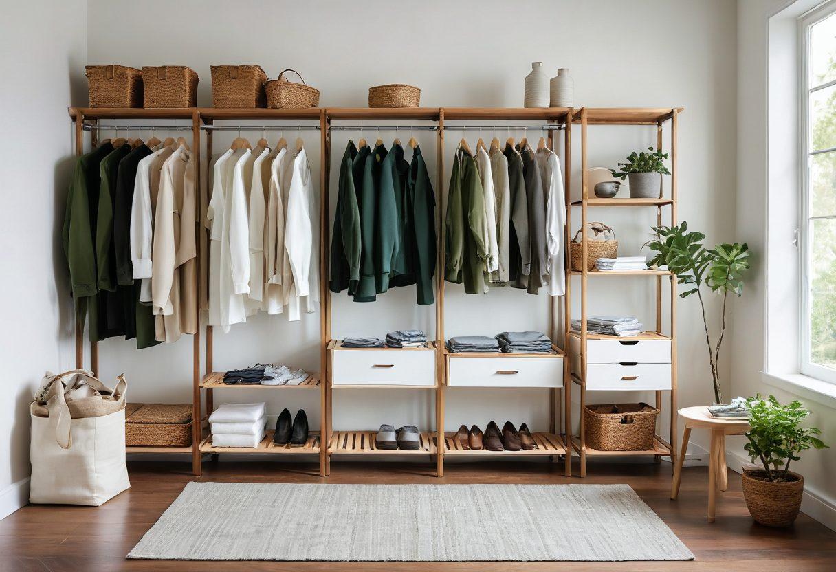 A stylish, contemporary wardrobe filled with premium nylon clothing in a chic setting. Incorporate a diverse array of trendy outfits, showcasing versatility and sustainability, with accessories made from eco-friendly materials. Include subtle hints of the manufacturing process in the background, like shades of green to represent eco-consciousness and fashion. Soft, natural lighting to evoke a warm and inviting atmosphere. super-realistic. vibrant colors. white background.