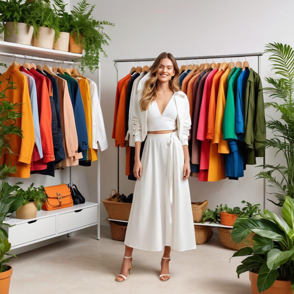 A visually stunning closet scene showcasing an array of exclusive, eco-friendly nylon fashion pieces, including dresses, jackets, and accessories. Incorporate vibrant colors and textures, with plants surrounding the wardrobe to symbolize sustainability. Feature a fashionable model trying on a unique outfit while smiling, embodying joy and confidence. The background should be bright and airy, conveying a sense of modern design and comfort. super-realistic. vibrant colors. white background.